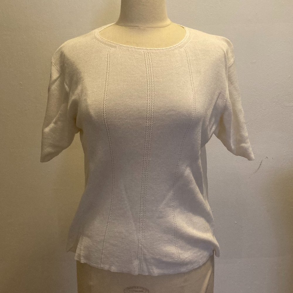 Belford pima cotton rib & pointelle short sleeve sweater in off-white